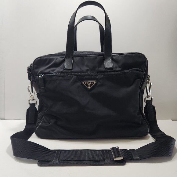 Prada Tessuto Convertible Business Bag VA0611 Black Nylon/Saffiano Leather Trim - Picture 1 of 16